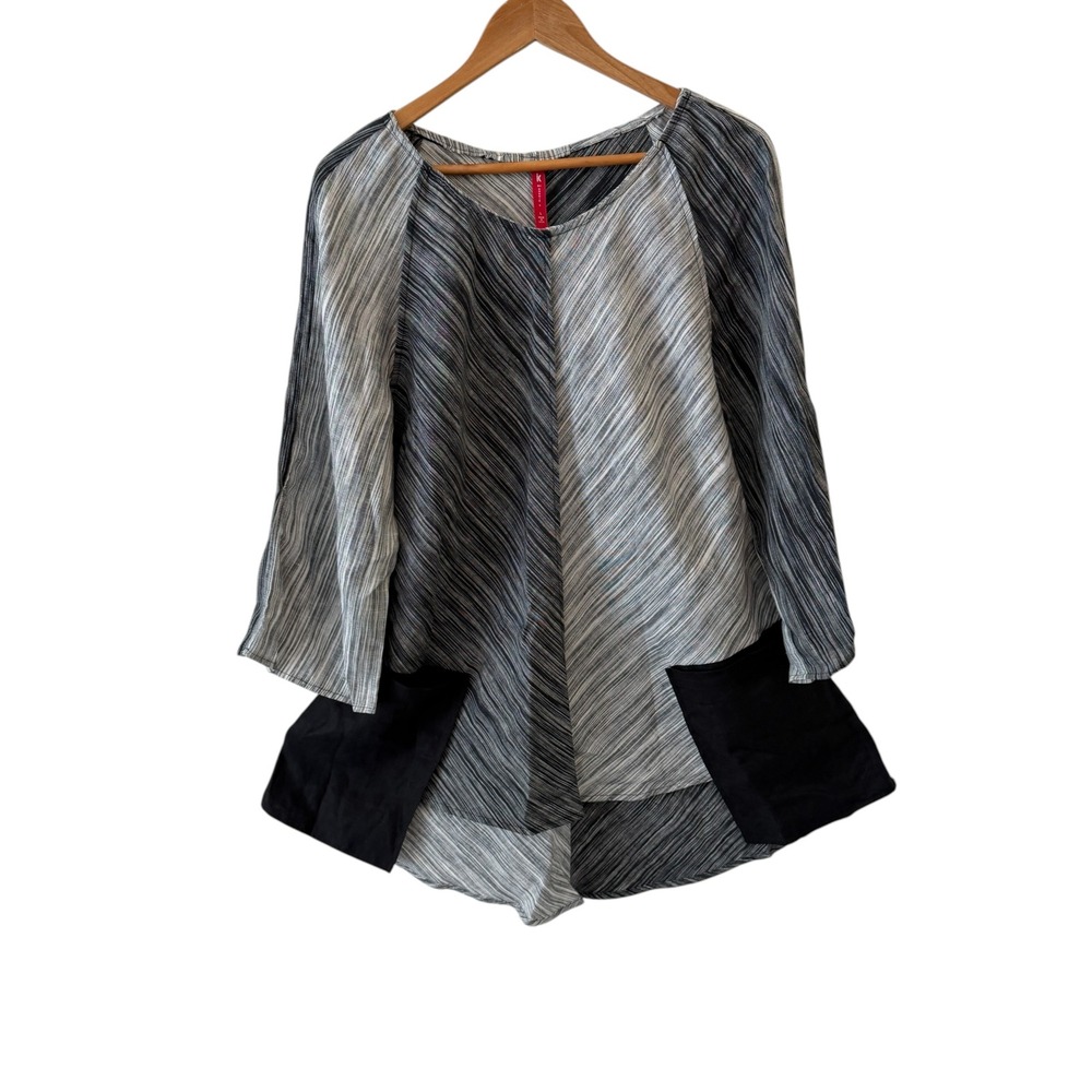 IC by Connie K 100% Linen Tunic Top Womens L Black Grey Pockets Lagenlook Artsy